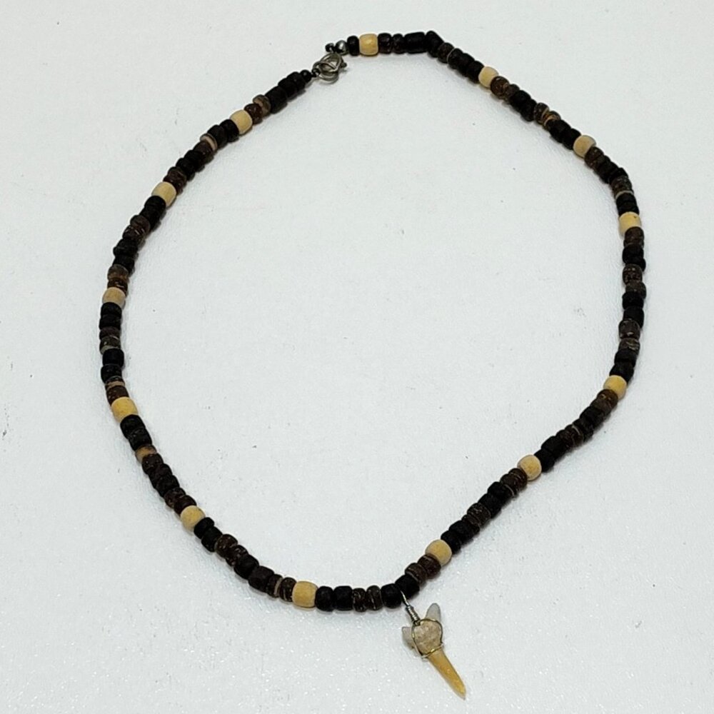 Shark Tooth Surfer Necklace Coconut Beads Natural Shell Black Stone Handmade VTG
